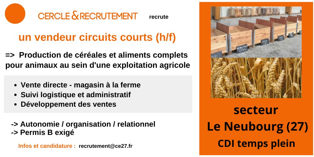 CercledEchanges's tweet image. @CercledEchanges spécialisé dans le #Recrutement en #agriculture recherche pour une #exploitation céréalière son collaborateur pour gérer et développer la #vente en #circuit court et magasin à la ferme #CDI secteur Le Neubourg @EureenNormandie @Agri_Normandie @CourrierdelEure