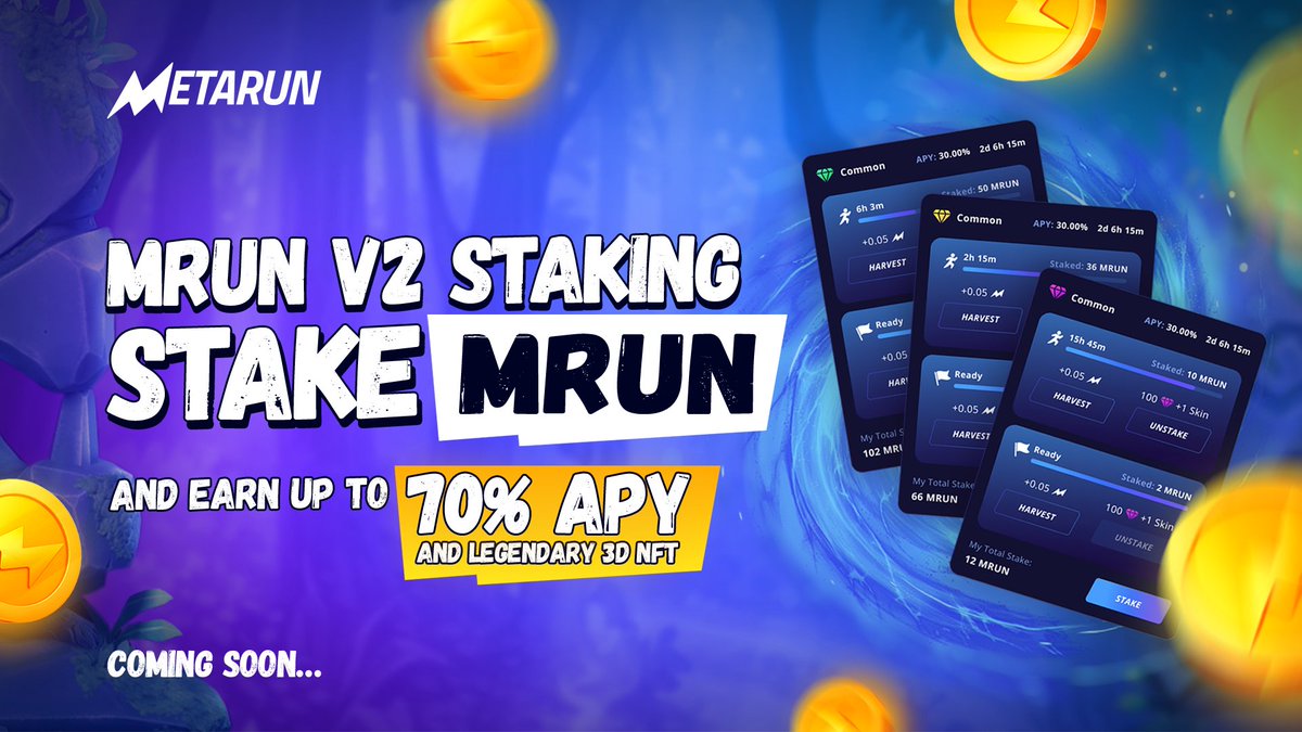 MetarunGame's tweet photo. 🔥GEAR UP⚡️$MRUN V2 Staking is coming Soon⚡️ On Metarun Marketplace 

Register now➡️ https://t.co/48ASIe8cyW

🔥#MRUN + 🔒#Staking = High #APY🚀 + Exclusive 3D NFTs⚔️

#HODL While it's cheap 👀

#NFTs #Crypto #P2E #Gaming #BNB #NFT https://t.co/aRkFkUDTJ0