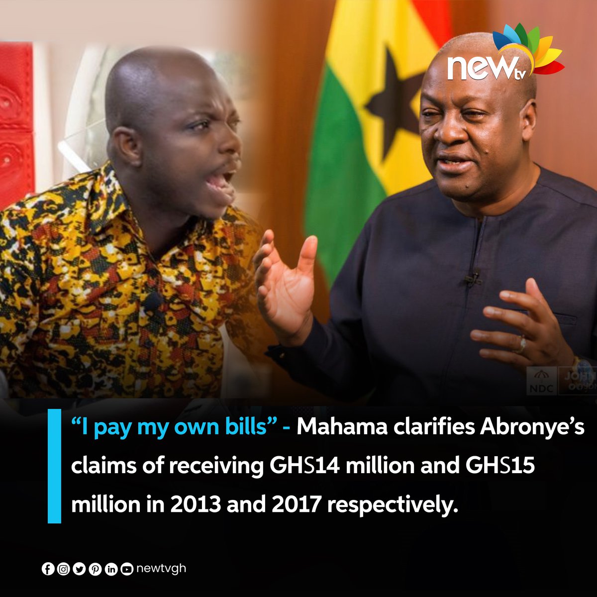 newtvgh's tweet photo. Former President John Dramani Mahama has called claims by the New Patriotic Party's Bono Regional Chairman, Kwame Baffoe alias Abronye DC, that he (Mahama) received an ex-gratia of GH14 million in 2013 and GH15 million in 2017 "absolute lies."

#newtvgh https://t.co/rriQMihaxJ