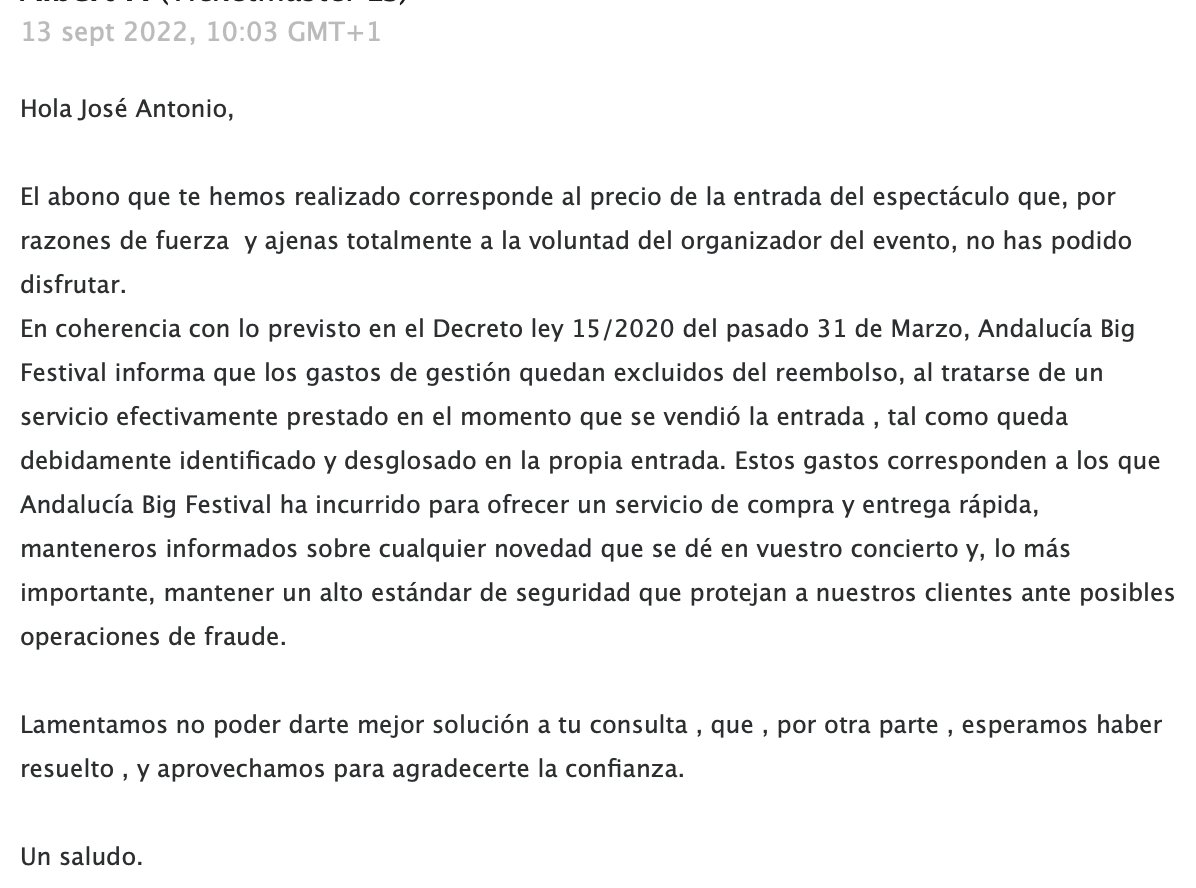jcabmar's tweet photo. @madcoolfestival cancela el festival Mad Cool Sunset y no devuelven el importe íntegro de la entrada (97,90€). Solamente 89€. Es esto legal @facua ? 8,90€ de gastos de gestión es ridículamente alto. Me han enviado este escrito. #MadCoolSunset #Estafa #MadCool https://t.co/YOYHShQ0eK