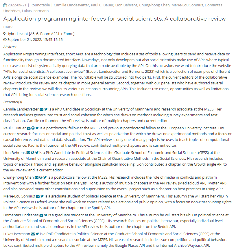 @mzes-ssdl.bsky.social (@mzes_ssdl) on Twitter photo 🚨 Join us for the Fall 2022 Kick-off of the MZES Social Science Data Lab!
🗓️ Wed, Sep 21, 13:45-15:15 CET (hybrid)
▶️ Roundtable event "APIs for social scientists: A collaborative review", chaired by <a href="/c_landesvatter/">Camille Landesvatter</a>, @p_c_bauer & <a href="/LionBehrens/">Lion Behrens</a>
🧵 1/4 🚨 Join us for the Fall 2022 Kick-off of the MZES Social Science Data Lab!
🗓️ Wed, Sep 21, 13:45-15:15 CET (hybrid)
▶️ Roundtable event "APIs for social scientists: A collaborative review", chaired by <a href="/c_landesvatter/">Camille Landesvatter</a>, @p_c_bauer & <a href="/LionBehrens/">Lion Behrens</a>
🧵 1/4