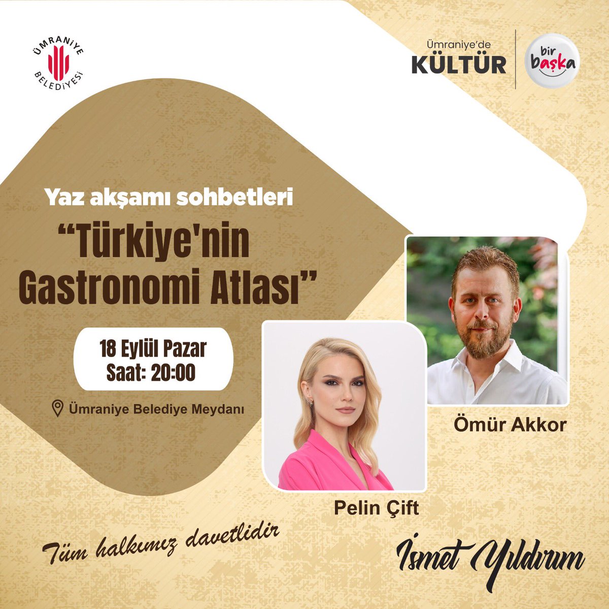 Ümraniye'de ''Yaz Akşamı Sohbetleri'' devam ediyor.

Bu hafta ''Türkiye’nin Gastronomi Atlası'' söyleşisi ile TV programcısı <a href="/ciftpelin/">Pelin Çift</a> ile yemek yazarı ve şef Ömür Akkor konuğumuz olacak.

Tüm komşularımız davetlidir.

🗓️ 18 Eylül Pazar
⏰ 20.00
📍 Ümraniye Belediye Meydanı