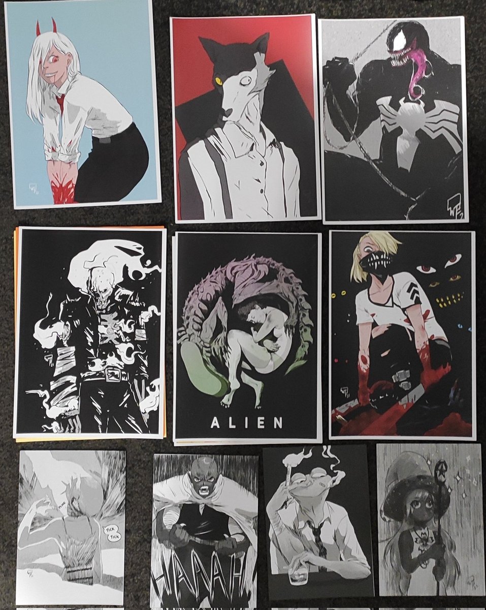 Happy_Log_pub's tweet photo. A sneak peak at what I'll be packing ontop of my usual array of comics at #Bendicon2022
#fanart #chainsawman #beastars #alien #venom #ghostrider #siktc #dbz #dragonballz #amphibianoir #loganfrench https://t.co/B18T2bXu1M
