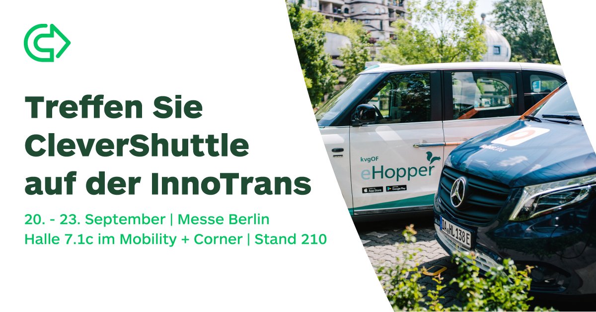 CleverShuttle's tweet photo. Nur noch eine Woche, dann öffnet die @innotrans ihre Tore in der @messeberlin! 🙌 Wir freuen uns auf den Austausch rund um #OnDemand-Verkehre und die #Verkehrswende. 🚐🔋🌱
📍Mobility+ area | Halle 7.1c
👋 #Bonvoyo #DBConnect | @MobimeoMobility
| @ioki_mobility | #DBRegioBus https://t.co/s4sCupVJOL
