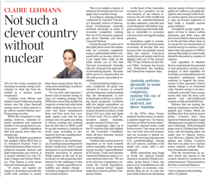 Superb <a href="/clairlemon/">Claire Lehmann</a> piece on Nuclear Energy: remember that other first world countries [Japanese, Koreans, Canadians, French, British, Americans etal] all relying on Nuclear, are doing Energy wrong ... instead relying on unreliable &amp; intermittent renewables is doing Energy right