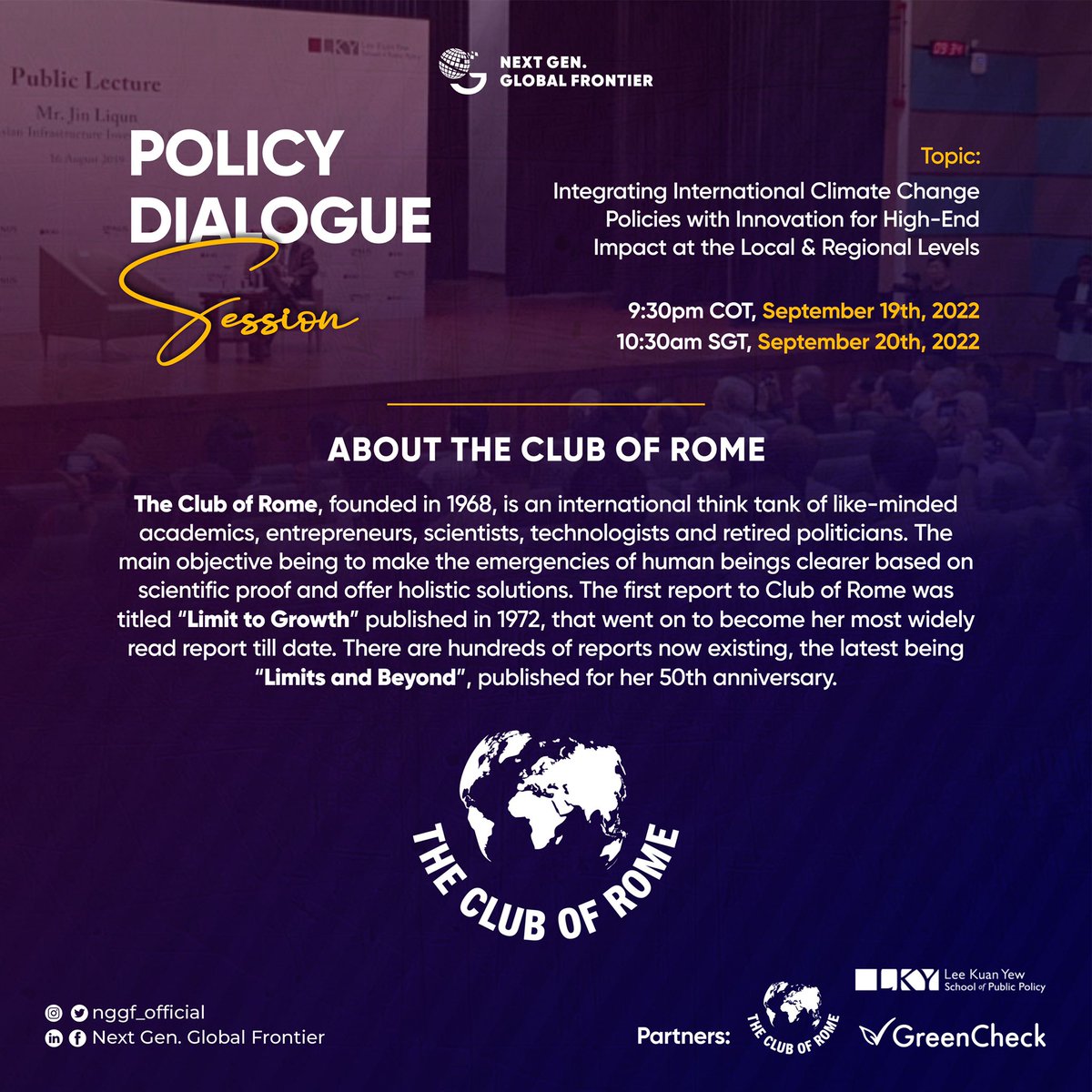 nggf_official's tweet photo. Introducing the @ClubOfRome, a Swiss-based & established global governance & sustainability-focused institution, as one of our engagement partners at the upcoming #NGGF-#LKYSPPClimateDialogue
Register here - https://t.co/7vEq4p4Yfw https://t.co/JprChPDd59