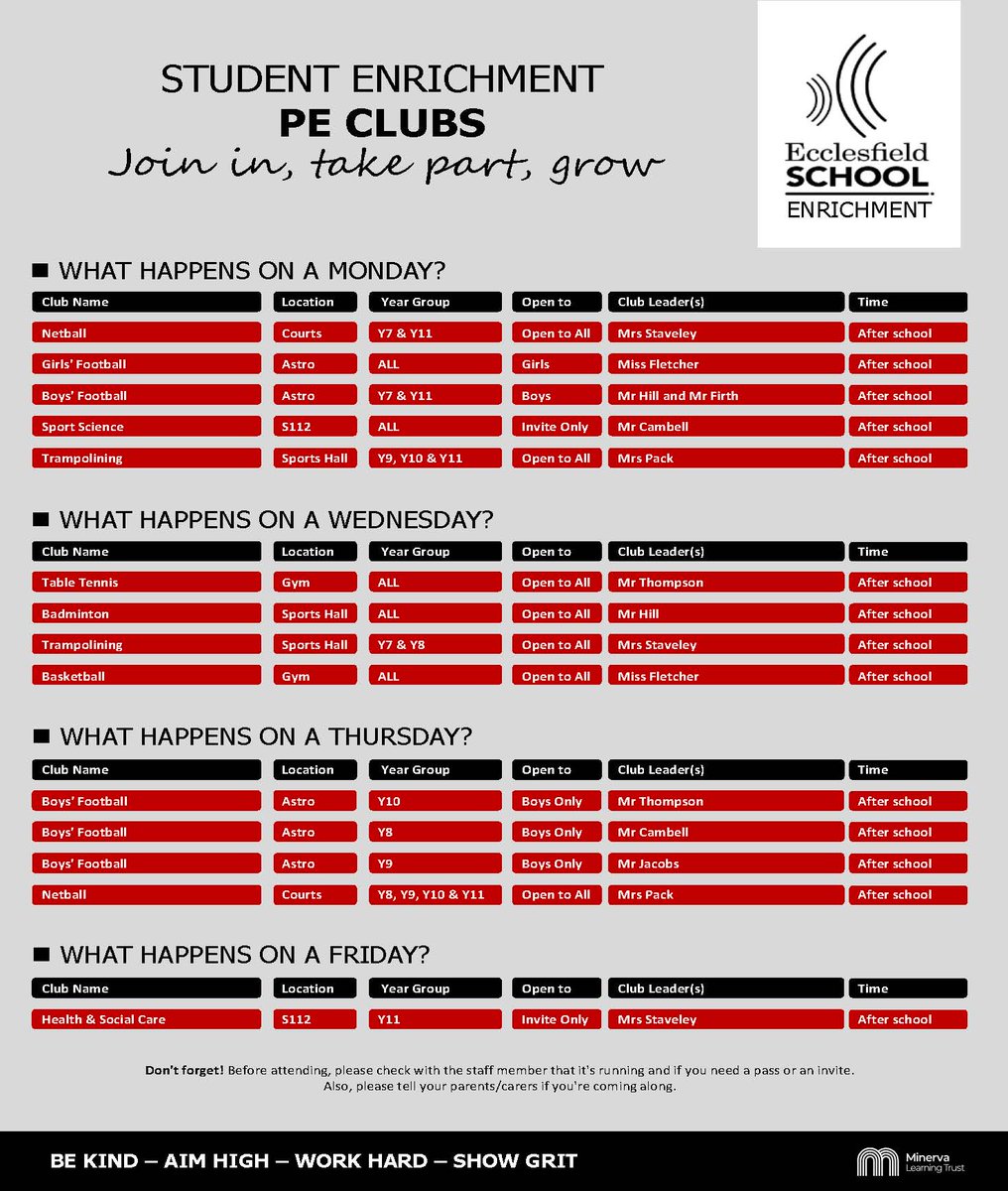 OfficialEcco's tweet photo. New PE Club timetable – all PE clubs are free and have started this week –come and join us! https://t.co/07BuglH56e
