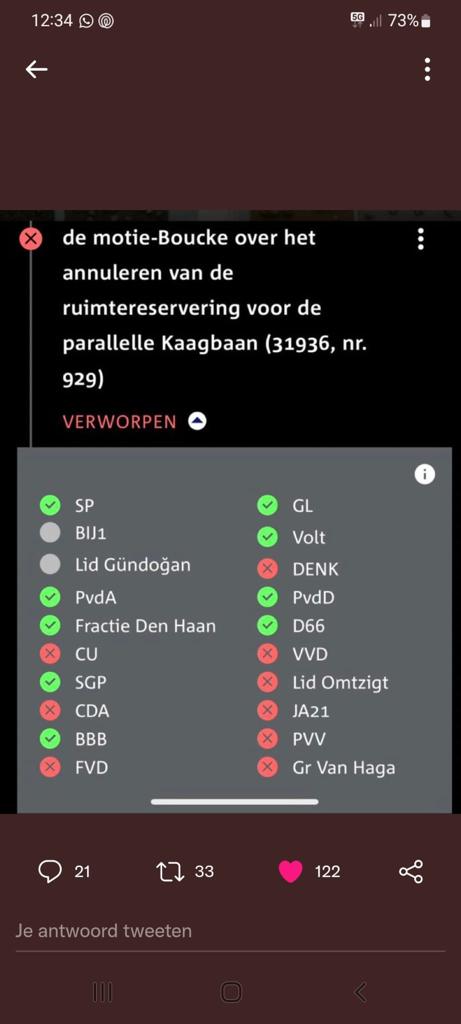 <a href="/carladikfaber/">Carla Dik-Faber</a> <a href="/danielkoerhuis/">Daniel Koerhuis 🇳🇱</a> <a href="/carladikfaber/">Carla Dik-Faber</a> Als we minder vluchten gaan doen, dan is de reservering op de parallelle kaagbaan overbodig. Waarom heeft uw partij dan tegen de motie van D66 <a href="/RaoulBoucke/">Raoul Boucke</a> gestemd?  Zullen we dan toch maar zorgen dat deze eraf gaat? Dan kan Rijsenhout ook weer leefbaar worden.