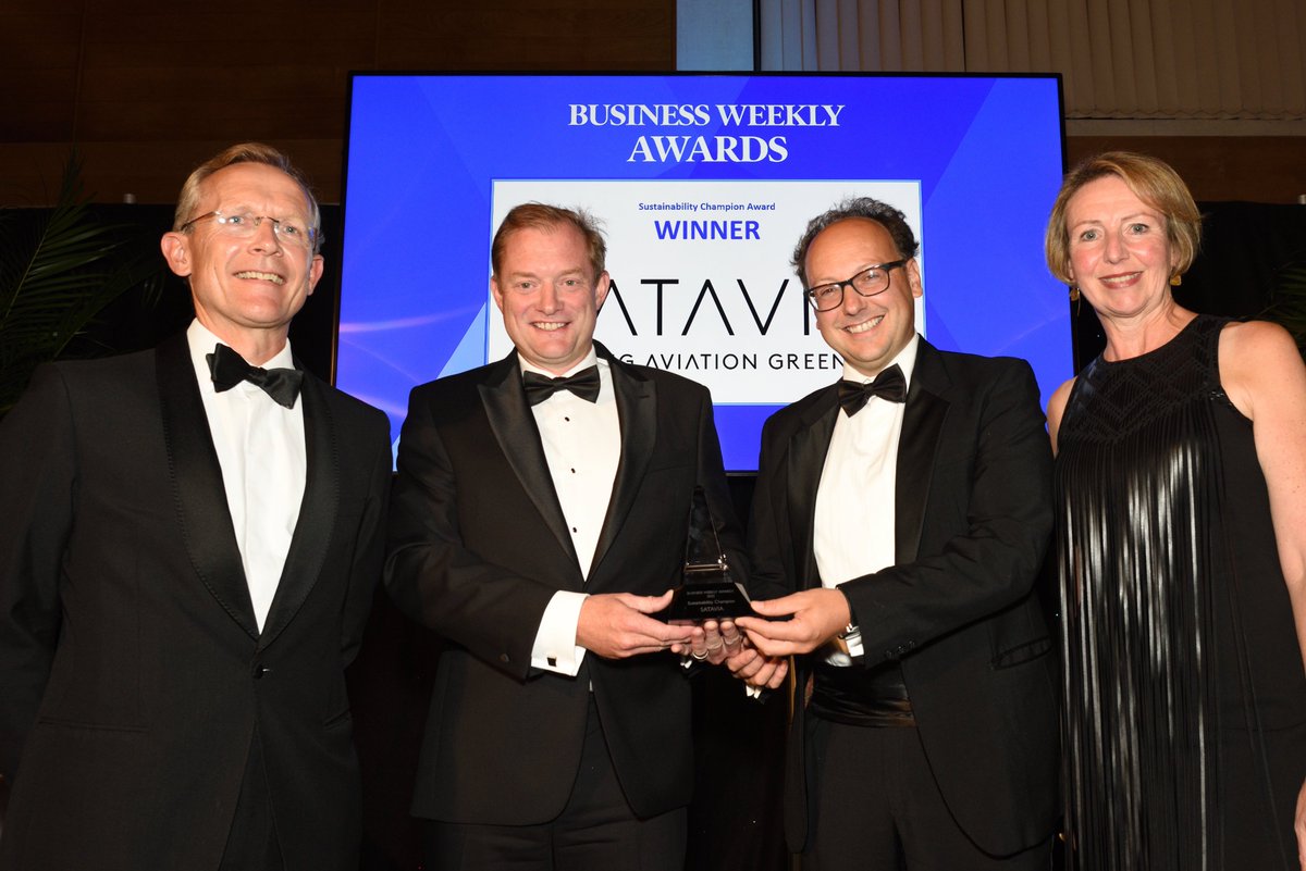 businessweekly's tweet photo. #BusinessWeeklyAwards Sustainability Champion is @SataviaUK. The award is presented to Adam Durant and @ConorFarrington of SATAVIA by Jane Hutchins of @camsciencepark #ClimateChange https://t.co/VkUpt32aLA https://t.co/Tw3DZkunjU