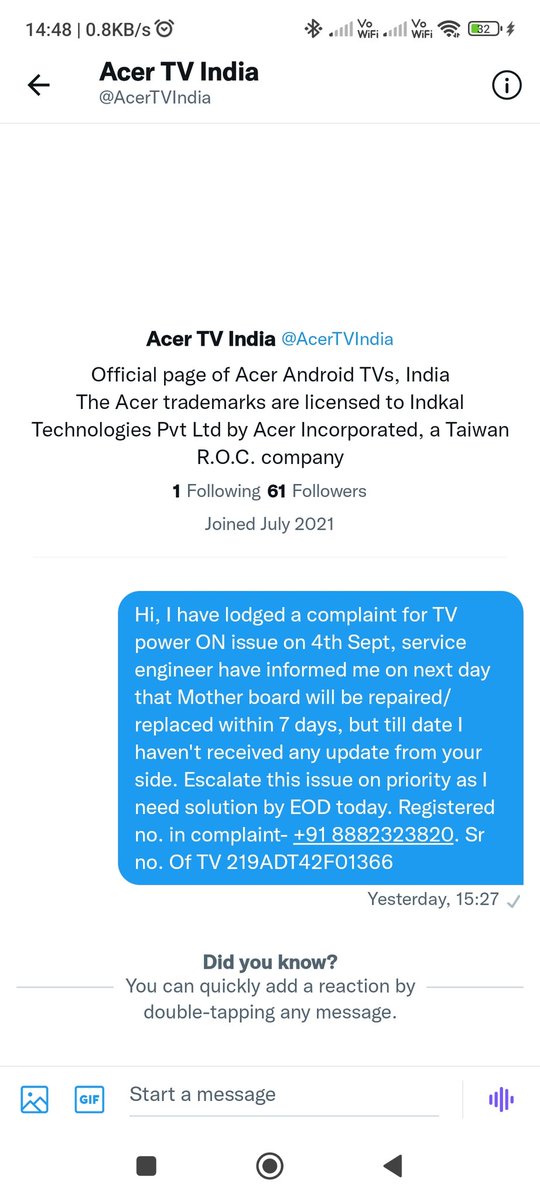 erdigambarsingh's tweet photo. @AcerTVIndia @Acer_India Disgusting services. In addition to the screenshot attachment, I just rcvd a mail that you will need another 7 days as already 10 days have passed. &amp; if you are not able to provide warranty service in NCR within 2 working days then close this department. https://t.co/FX2nd42GeX