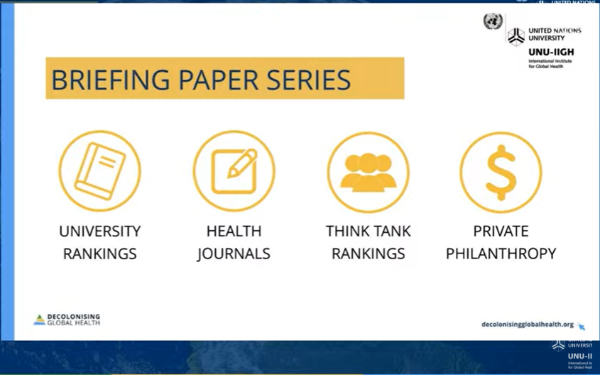 UNUGlobalHealth's tweet photo. As we near the end of our Programme Launch webinar session, @t_nassiri, Research Assistant, UNU-IIGH, shares with us the DGH team's initial thoughts and findings on the topic of #DecolonisingGlobalHealth.

#GlobalHealth #globalnorth #globalsouth #decolonisationconversations https://t.co/S6Lr0Paklh