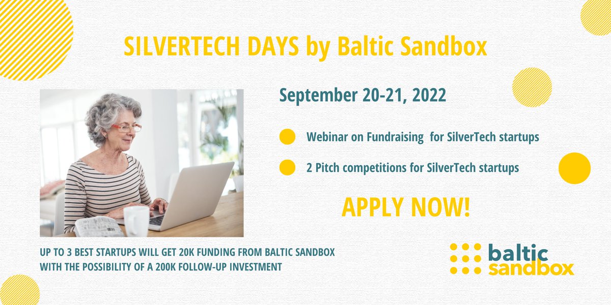 BSBUkraine's tweet photo. Last call for #SilverTech #Startups!
Do you develop a product or solution for aged people (50+)? Take your chance to pitch to the investors and experts.
Learn more and register: https://t.co/5D7IkbfJFG

#agetech #gerontech #investments #fundraising https://t.co/txoAjdgf2p