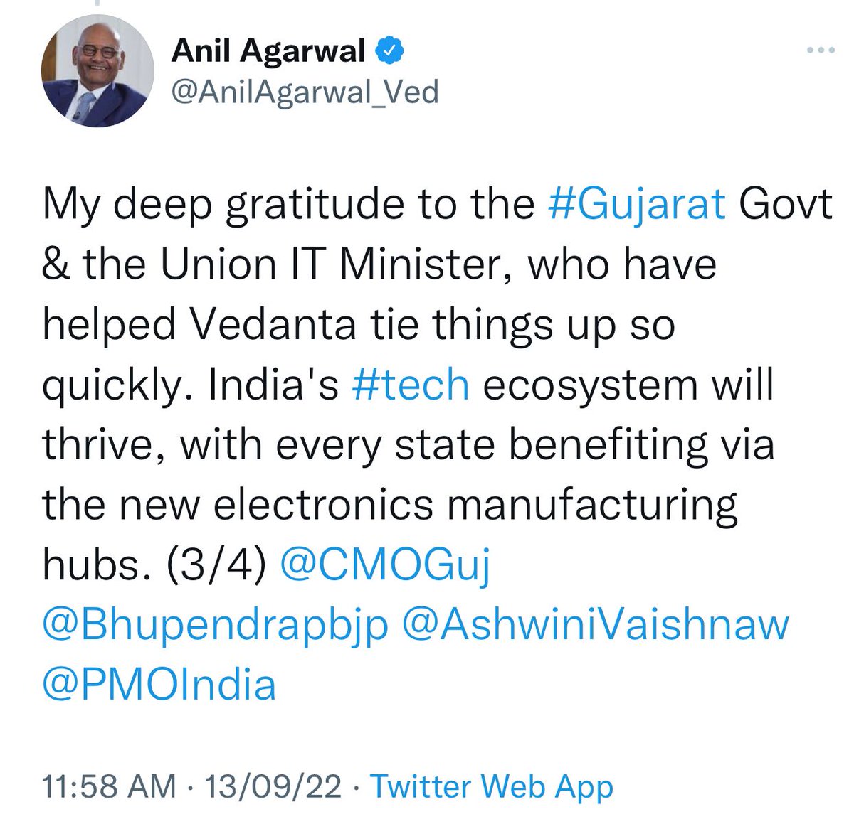 वेदांतचा प्रोजेक्ट गुजरातला गेल्याचे समजले. वेदांतला आणि गुजरातला माझ्या शुभेच्छा आहेत. आपल्या देशात एवढा मोठा प्रोजेक्ट येणे, हे चांगलेच आहे. या प्रोजेक्टसाठी आम्ही गेल्या वर्षभरात अनेक बैठका घेऊन, भेटीगाठी करून पुण्याजवळ हा प्रोजेक्ट येईल, या हेतूने काम करत होतो.