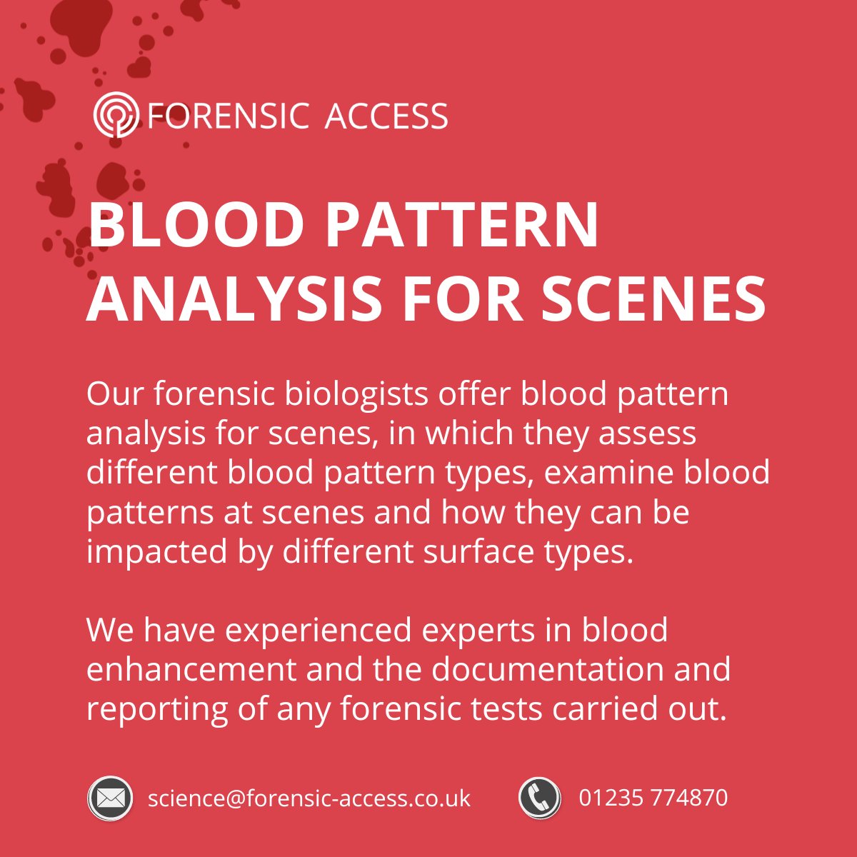ForensicAccess's tweet photo. Did you know we offer a range of #forensicbiology services? Our team of forensic #experts review biological #evidence from #bloodpatternanalysis (#bpa) to #dna examination to assist defence #solicitors in a case review.

#biology #bodyfluid #crimesceneinvestigation #expertwitness https://t.co/awuWiiQSjU