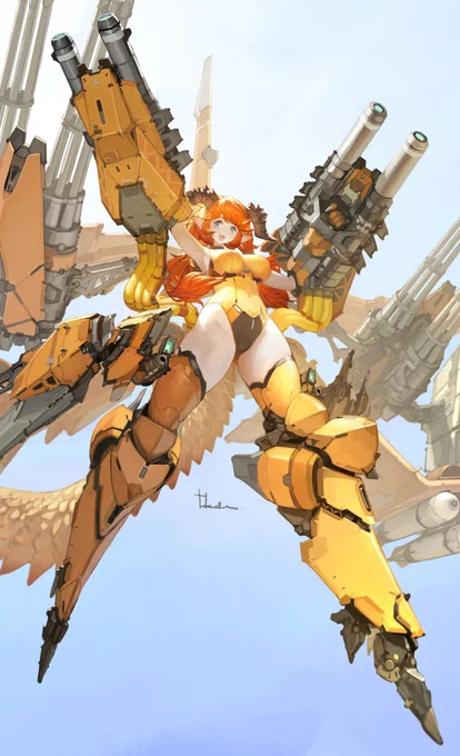 #100日チャレンジ38日目ドラゴンメカ娘橙色バインバインにしてみましたちょっと背負い物がごちゃごちゃし過ぎかな～ 