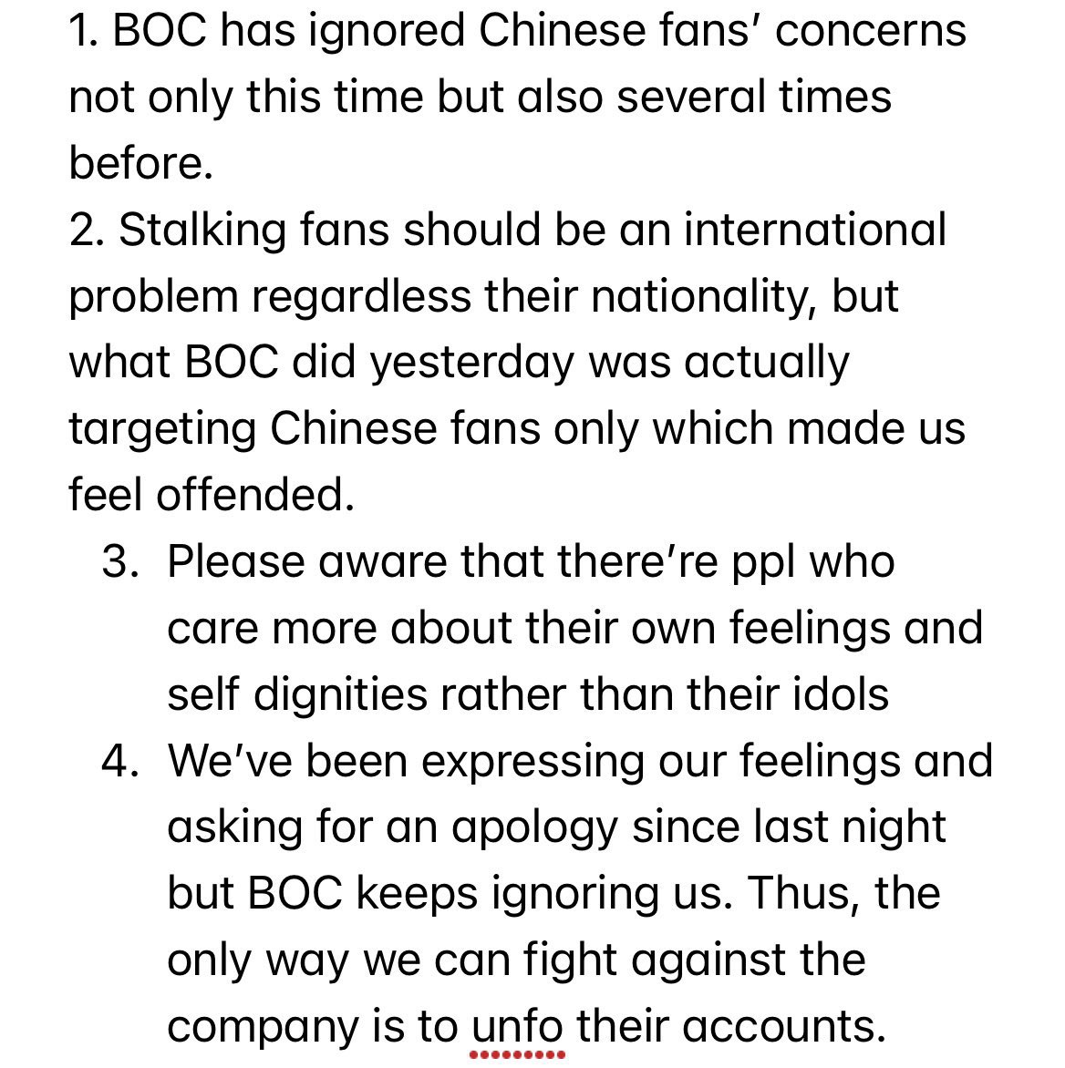 Megabore1's tweet photo. @zarblaewka_egae So, what you think is what boc's announcement has led to, which caused interfan argument. Sasaeng is an international issue and I've never seen any other company has made such announcement targeted to all Cfans except BOC. https://t.co/GwadHsD4u0