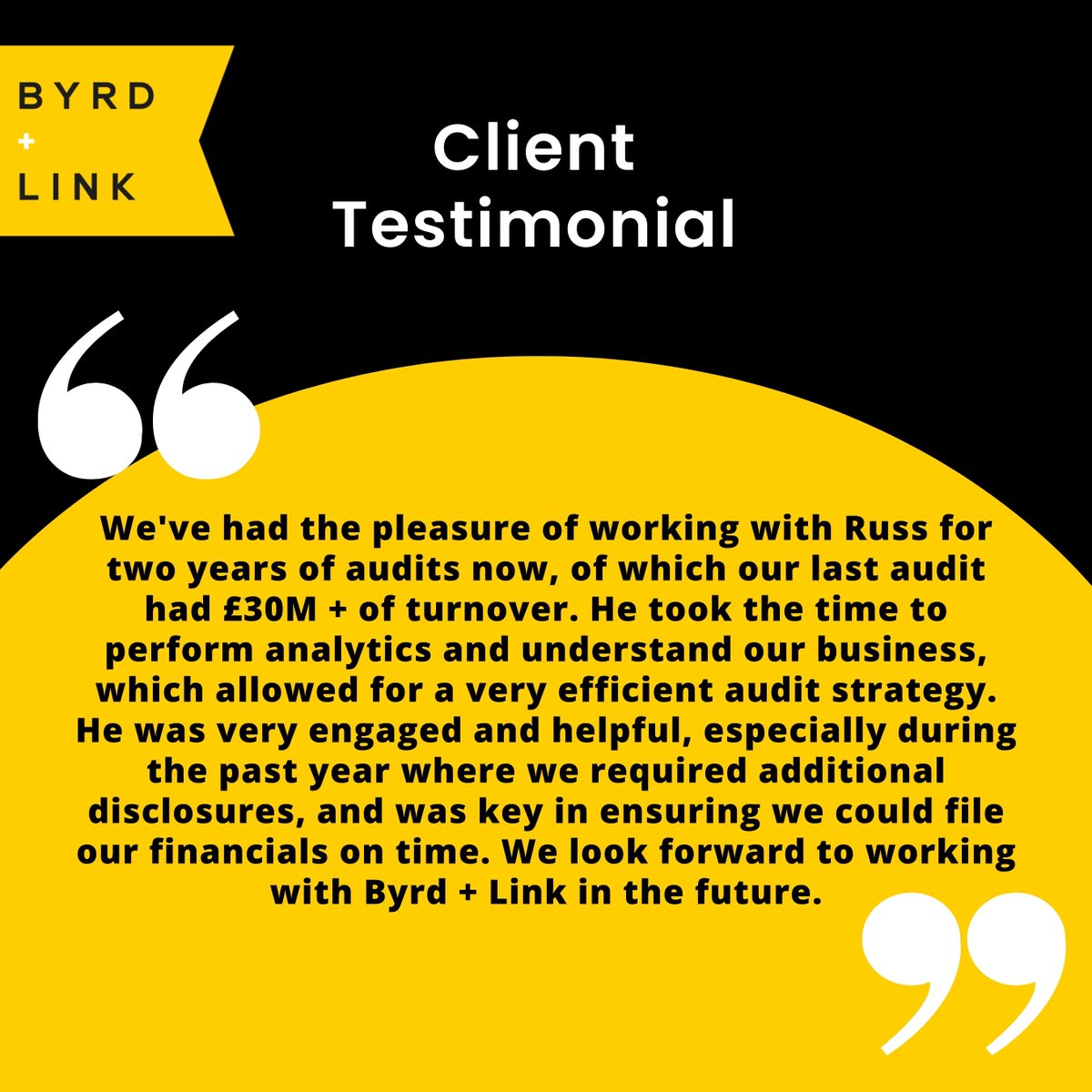 byrdandlink's tweet photo. TESTIMONIAL TUESDAY! 💛

At Byrd + Link we pride ourselves on providing a high quality service for all of our clients. 
We’re delighted to receive feedback like this. 

Love our work? 

Leave us a review here - https://t.co/YTLQDG0FtV 

#audit #accountant #testimonial 
#chelt ... https://t.co/MYI9sfOtES