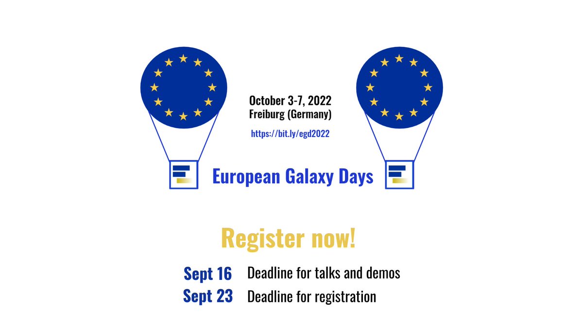 The European Galaxy Days are happening soon! Will feature #UseGalaxy community updates, @ELIXIREurope implementation study on #data #management and kick-off meeting of EuroScienceGateway.
🗺️ Freiburg, Germany, Oct 3-7
🗓️ Sep 16: Deadline for talks
🗓️ Sep 23: Registration closes