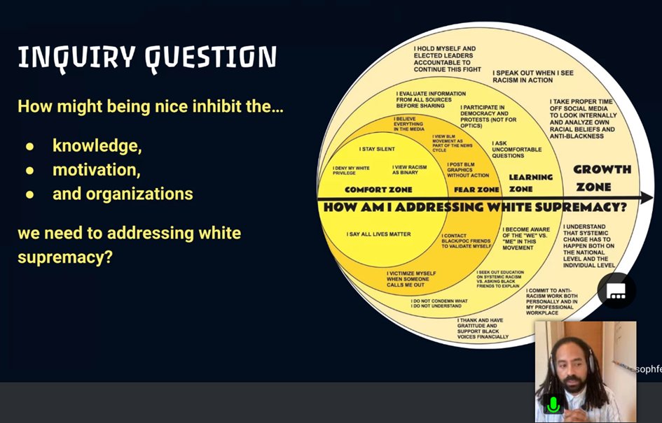 angeaow's tweet photo. Dr @de_fine dropping truth question bombs at @CISEducation's keynote.
"Who gets to define what human culture is?"
"How might you as an individual address white supremacy?"
"How might being nice inhibit the knowledge/motivation/organizations we need to addressing white supremacy?" https://t.co/rer91gD48F