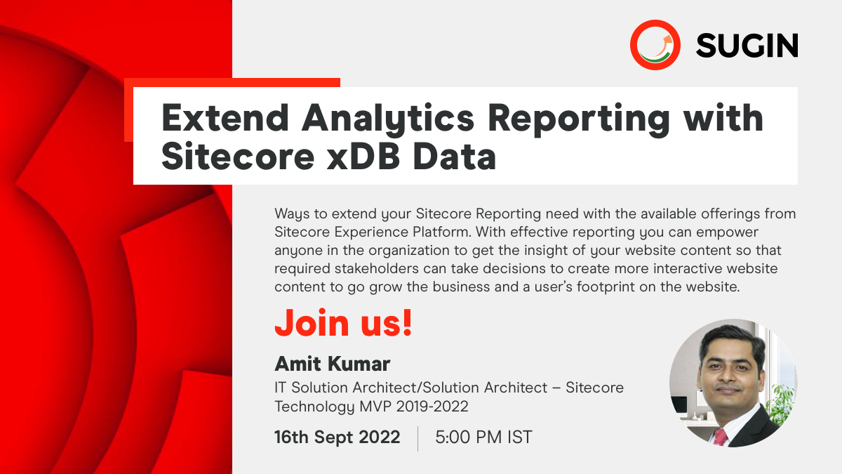 Upcoming SUG India webinar Details:
Date: 16th Sept 2022, 5:00 PM IST
Topic: Extend Analytics Reporting with Sitecore xDB Data
Speaker: Amit Kumar <a href="/AmitMnath/">Amit Kumar 🇮🇳</a> 

Register here:
meetup.com/sitecore-user-…

#sitecore #sitecorecommunity #sugin #sitecorecdp