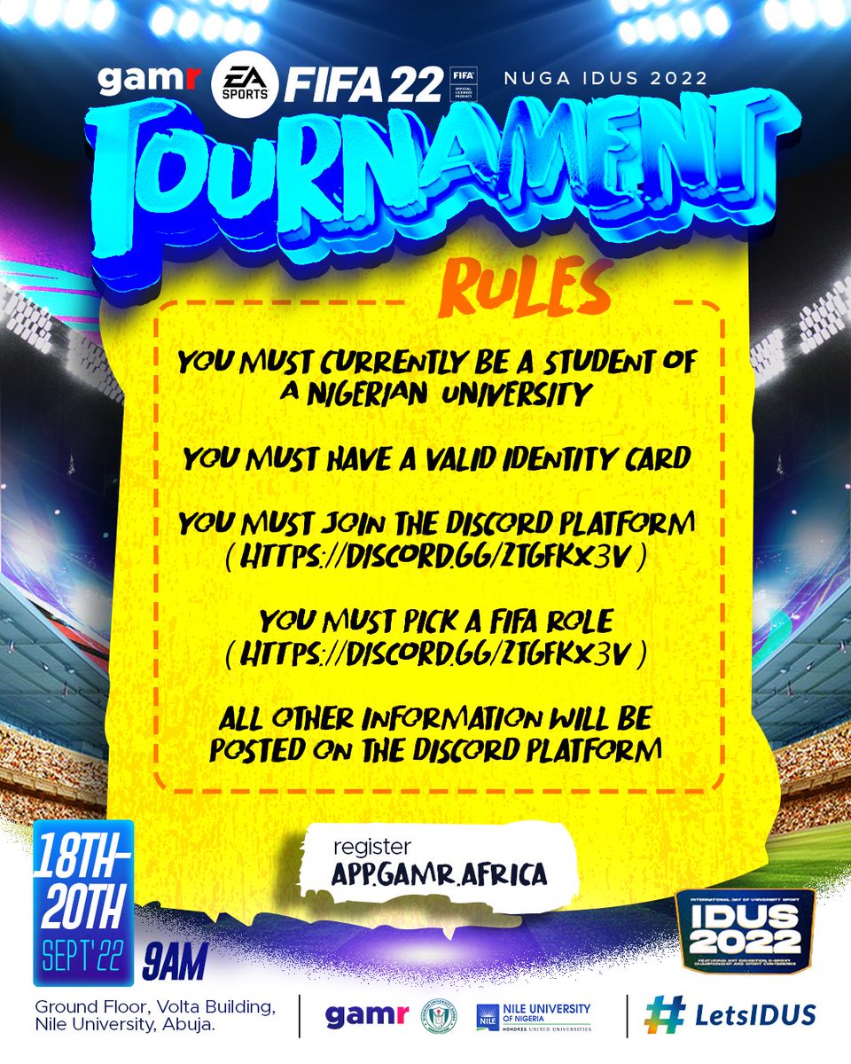 GamrHQ_'s tweet photo. Are you ready gamrs?
Grab your pads for the biggest university event of the year.
Gamr presents to you the Nile University FIFA 2022 Tournament.
Download the Gamr app to register now!!!
@NUGANigeria @NileUni
#gamr #gamrs #gamrafrica #nileuni #gamers #gaming #gamingcommunity https://t.co/VCktpL3Ntj