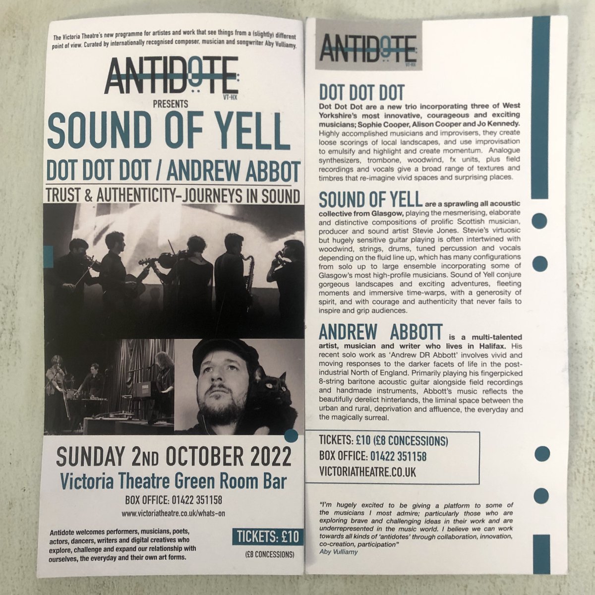 Andy Abbott (@zadanzig) on Twitter photo Looking forward to being and playing at this gig at <a href="/VicTheatre/">Victoria Theatre Hx</a> organised by <a href="/AbyVulliamy/">Unnecessary Spectacles</a> in a few weeks alongside <a href="/soundofyell/">Stevie Jones</a> and Dot Dot Dot feat. @sofingusa <a href="/magpahi/">Magpahi</a> and <a href="/ChasingSticks/">Jo Kennedy</a>. Tickets at victoriatheatre.co.uk/antidote/trust… Looking forward to being and playing at this gig at <a href="/VicTheatre/">Victoria Theatre Hx</a> organised by <a href="/AbyVulliamy/">Unnecessary Spectacles</a> in a few weeks alongside <a href="/soundofyell/">Stevie Jones</a> and Dot Dot Dot feat. @sofingusa <a href="/magpahi/">Magpahi</a> and <a href="/ChasingSticks/">Jo Kennedy</a>. Tickets at victoriatheatre.co.uk/antidote/trust…