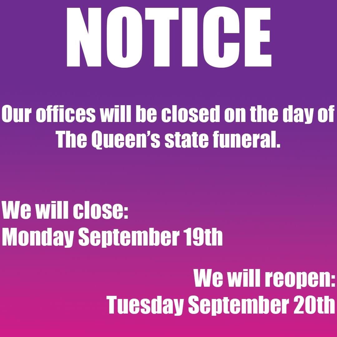 Following the death of Her Majesty The Queen and with the state funeral being announced as a bank holiday, we have taken the decision to close our community offices on on Monday 19th September. We will Re-open on Tuesday, September 20th.