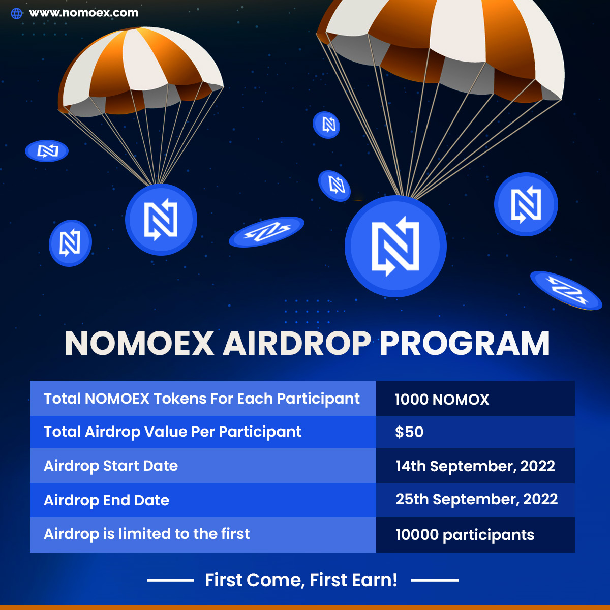 📣#ANNOUNCEMENT:

#NOMOEX #Airdrop Program starting from 14th September 2022🚀

Get ready to grab the #opportunity!

➡️ nomoex.com
.
.
.
.
#airdropevent #airdropprogram #crypto #cryptotrading #nomoextoken #cryptoexchange #airdrops #airdropalert #giveaway #freetoken
