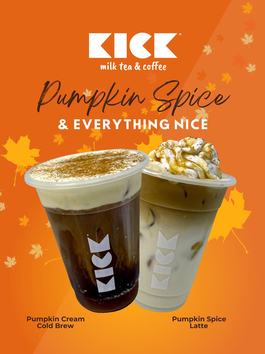 KICKcoffeetea's tweet photo. Holiday season will not be complete without #PumpkinSpice and everything nice 🎃🍂🍁
Try our limited edition:
🍁 Pumpkin Cream Cold Brew, and 
🍁 Pumpkin Spice Latte (iced or hot) https://t.co/5wn0RBSkI7