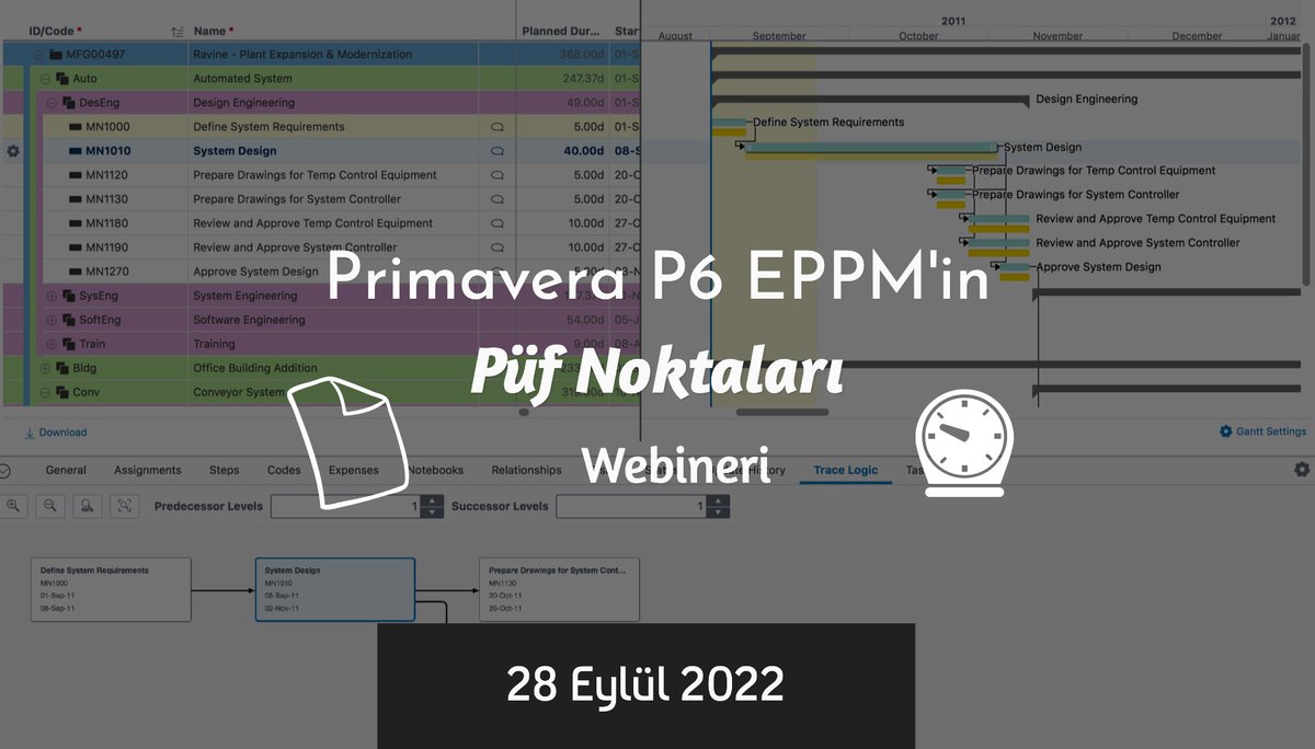 PRMYAZILIM's tweet photo. Oracle Primavera P6 EPPM'in Püf Noktaları Webineri
28 Eylül 2022 10:00
https://t.co/Tuit3lDTpc https://t.co/i8KwsKsKf9