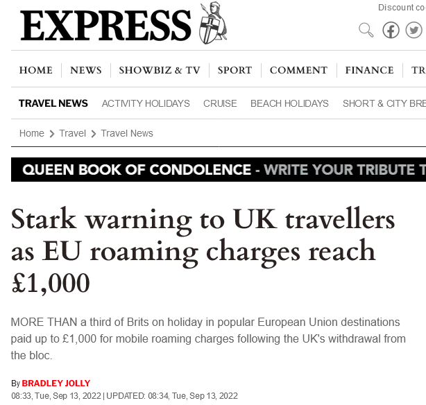 edwinhayward's tweet photo. EXACTLY 4 years ago today, the Express mocked the notion that roaming charges for UK travellers to the EU would return after Brexit.

Today, they're bleating that some tourists have clocked up over £1,000 in roaming fees.

Reality: Like a sledgehammer to the head. https://t.co/0RCBfn7mKk