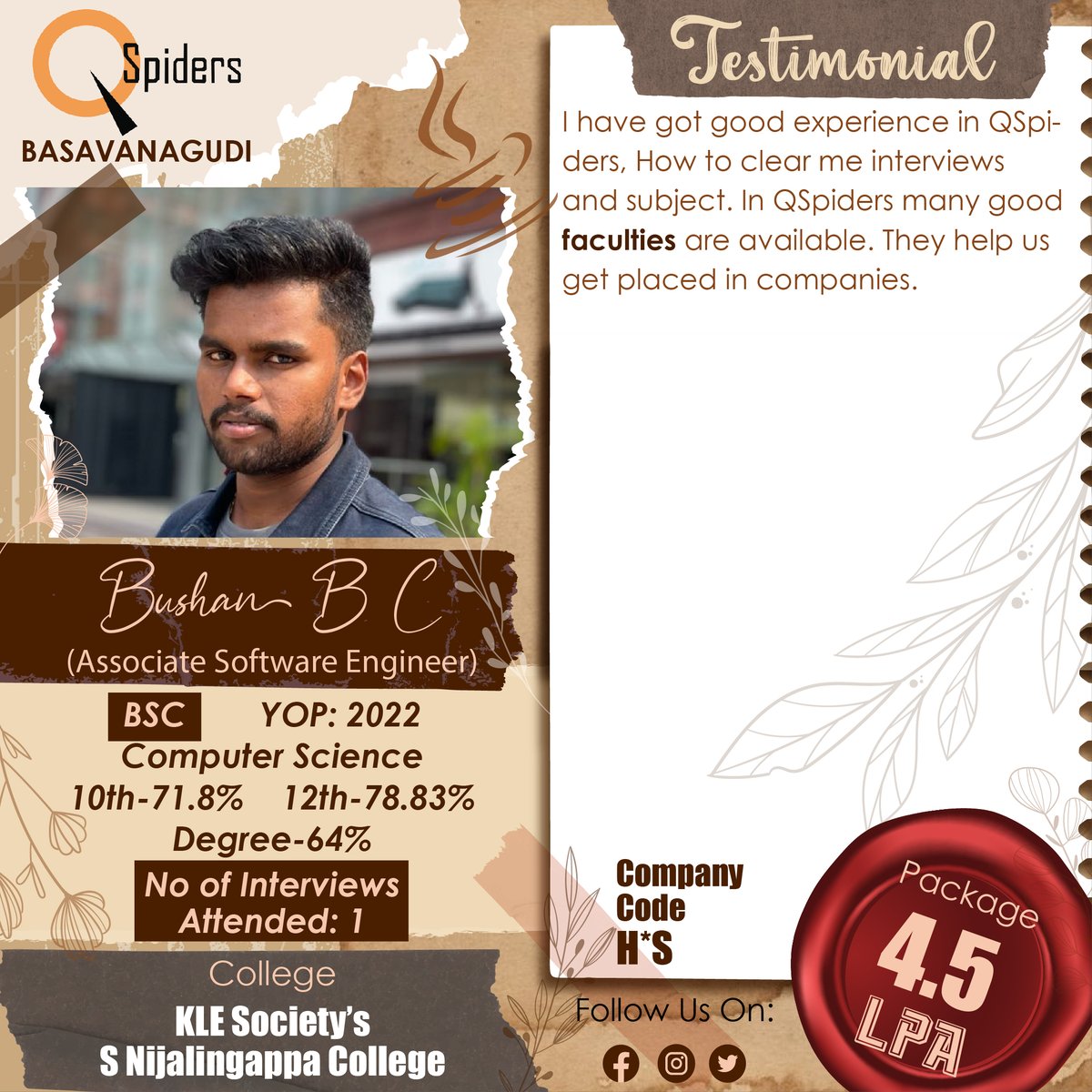 QSpiders__BTR's tweet image. Congratulations 🎉BUSHAN B C, BSC,(COMPUTERSCIENCE), Student of QSpiders Basavanagudi got placed as ASSOCIATE SOFTWARE ENGINEER.

#qspidersbasavanagudi #associatesoftwareengineer
#comupterscience #placements2022 #studentspower #bestinstitute #besttrainerever #offlineclasses