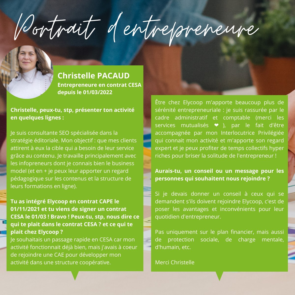 La richesse de notre #entreprise : les #entrepreneurs qui ont fait le choix de développer leur activité au sein de notre #coopérative
Pitch du jour : @christellepacaud 
 #enCAEcestmieux #ESS #BienDansMaScop #CAE