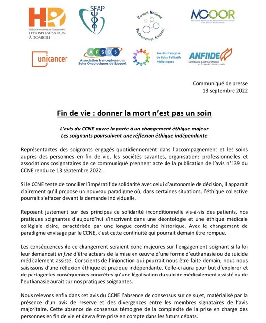 🚨 "#FinDeVie: donner la mort n'est pas un soin"

Communiqué commun de <a href="/asso_SFAP/">SFAP SoinsPalliatifs</a> <a href="/fnehad_info/">FNEHAD</a> <a href="/AFSOS_officiel/">AFSOS</a> @GroupeUnicancer <a href="/CNP_Infirmier/">CNP infirmier (CNPI)</a> <a href="/Anfiide/">ANFIIDE</a> #2SPP #MCOOR en réaction à l'avis du #CCNE. ⬇️
#euthanasie