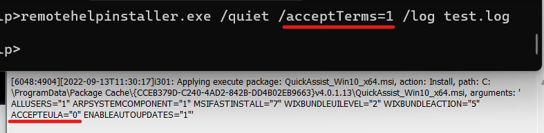 BasdeKoning's tweet photo. @IntuneSuppTeam @MSIntune It seems the last msi packed in the remotehelp.exe doesn't pass correctly the acceptTerms parameter. So the quiet install will fail.  Don't know if anyone else is experience this behavior.
#intune #remotehelp #installissue https://t.co/rylRdvDtJY