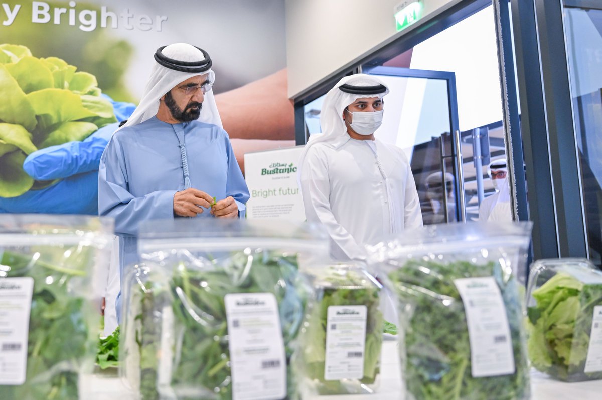 DXBMediaOffice's tweet photo. .@HHShkMohd tours world’s largest vertical hydroponic farm that recently opened in #Dubai. Accompanying His Highness on the tour @MaktoumMohammed. https://t.co/0qs1hFEjw0