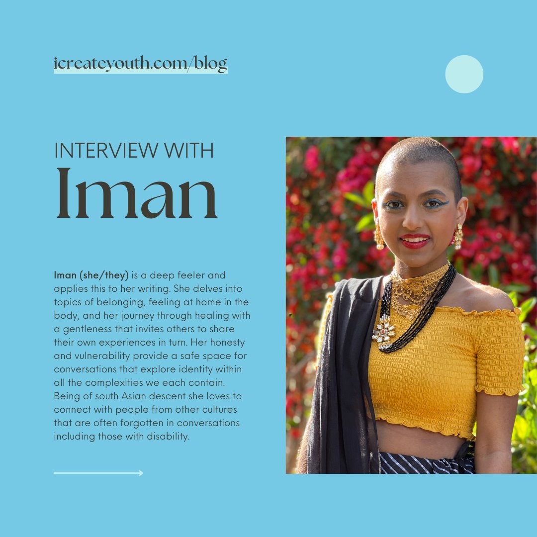 I-CREATE YOUTH | #DISABILITYRIGHTS (@icreateyouth) on Twitter photo Founding Executive Director of I-CREATE YOUTH Jessica (Jess) Kim interviewed Iman (<a href="/alilbitofaith/">Iman إيمان 🍉 (they/she)</a>), Founder of Amplify Disabled BIPOC voices, writer, and disability advocate.
Check it out at icreateyouth.com/post/interview….
#writer #advocate #disability #DisabilityRights #BIPOC Founding Executive Director of I-CREATE YOUTH Jessica (Jess) Kim interviewed Iman (<a href="/alilbitofaith/">Iman إيمان 🍉 (they/she)</a>), Founder of Amplify Disabled BIPOC voices, writer, and disability advocate.
Check it out at icreateyouth.com/post/interview….
#writer #advocate #disability #DisabilityRights #BIPOC