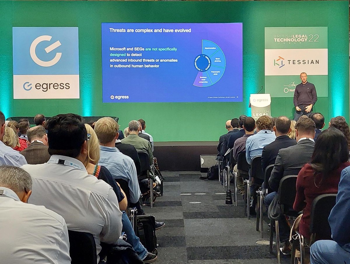 EgressSoftware's tweet photo. 🎙️ This morning, our CEO Tony Pepper presented to a packed main stage audience on fixing the behaviors that lead to data breaches at the #BritishLegalTechnologyForum. If you’re attending today’s event, visit the team on booth A01 to learn more! #BLTF #HumanActivatedRisk https://t.co/r7KMflX33u