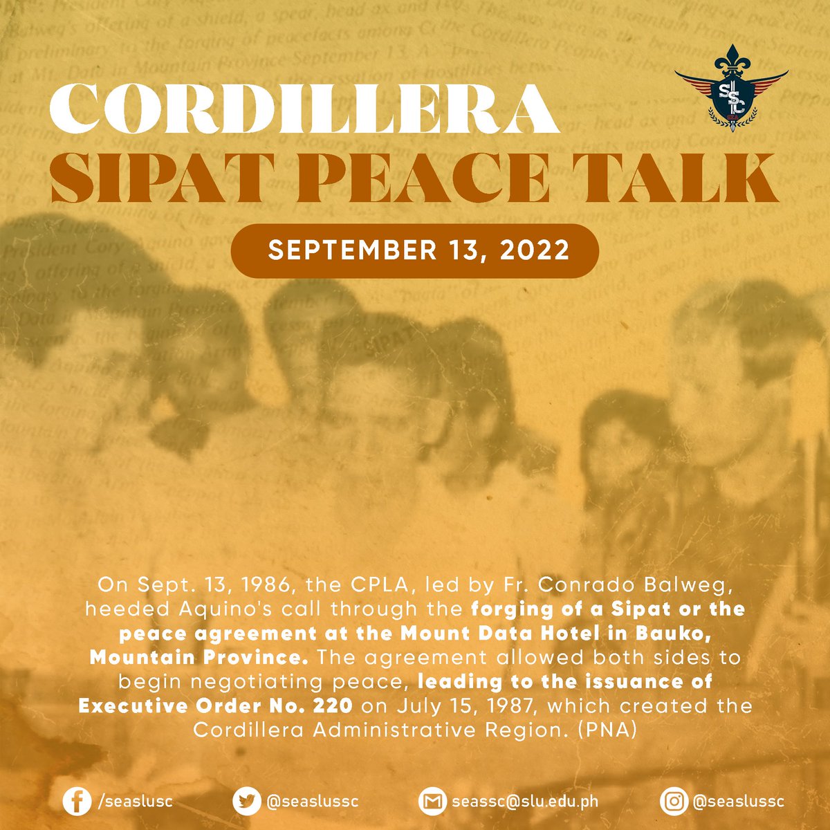 SEASLUSSC's tweet photo. This day marks the 36th anniversary of the Sipat Peace Talks that gave way to the current footing of the Cordillera Administrative Region.

See full post here: https://t.co/bGT2Ktz47f
Caption by: Leslie Mon
Pubmat by: Mhaiommi Valdez https://t.co/yWpKqRjFWk