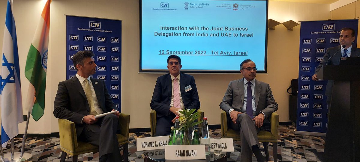 A pleasure to lead the joint business delegation from India &amp; UAE, and interact with H.E. Sanjeev Singla, Ambassador India to Israel, <a href="/AmbAlKhaja/">Mohamed Al Khaja</a>, Ambassador UAE to Israel, &amp; <a href="/DrRonMalka/">Ron Malka 🇮🇱</a>, Director General of the Ministry of Economy &amp; Industry.
<a href="/indemtel/">India in Israel</a> <a href="/FollowCII/">Confederation of Indian Industry</a> <a href="/IsraelAsiaCC/">ISRAEL-ASIA CHAMBER OF COMMERCE</a>