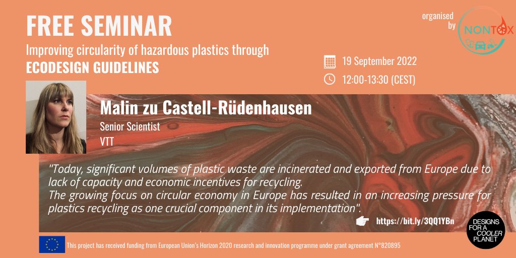 NontoxProject's tweet image. 📌ONLINE SEMINAR | FREE - 19 September 2022 (12:00-13:30 CEST)

You will meet Malin zu Castell- Rüdenhausen, Senior Scientist at @VTTFinland, at the seminar “NONTOX – Improving circularity of hazardous plastics” by @NontoxProject.

Register here:
👉bit.ly/3QQ1YBn