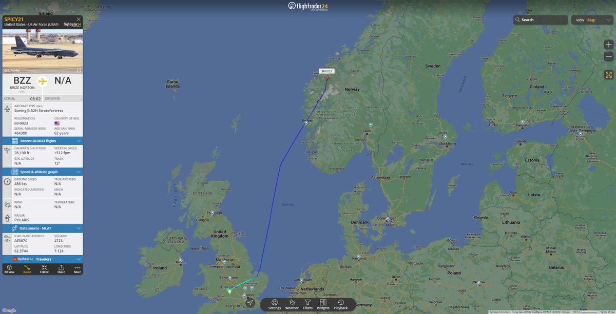 アメリカ空軍 B-52H ストラトフォートレス戦略爆撃機
イギリス・フェアチャイルド空軍基地を離陸、北海を北上しノルウェー上空を飛行中です

#SPICY21 #USAF B-52H Stratofortress Reg:60-0023 #AE587C