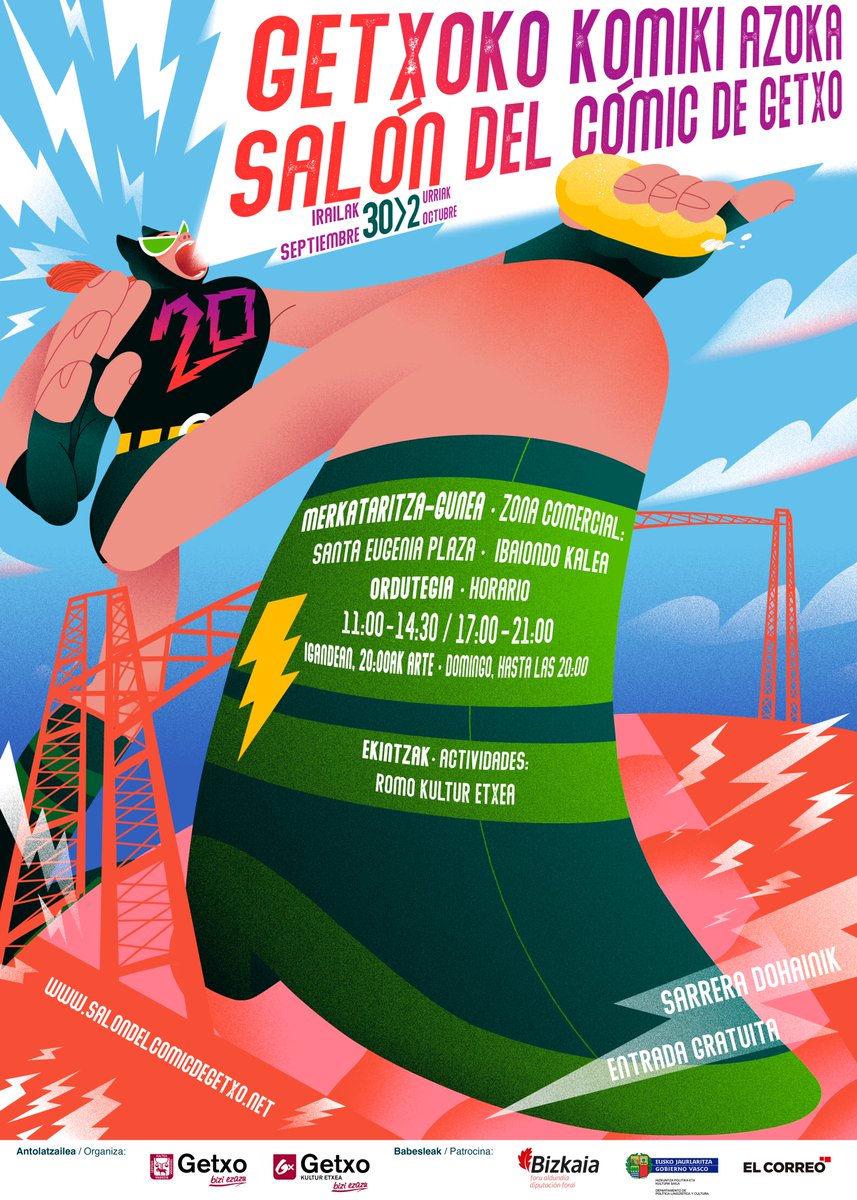 El cartel de la edición XX del SALÓN DEL CÓMIC DE GETXO es obra de @geniespinosa  y aquí lo tenéis para vuestro disfrute. Nos vemos del 30 de septiembre al 2 de octubre. ¡Va a estar fetén! Se agradece, por supuesto, que compartáis esta alegría. ¡Gracias!
