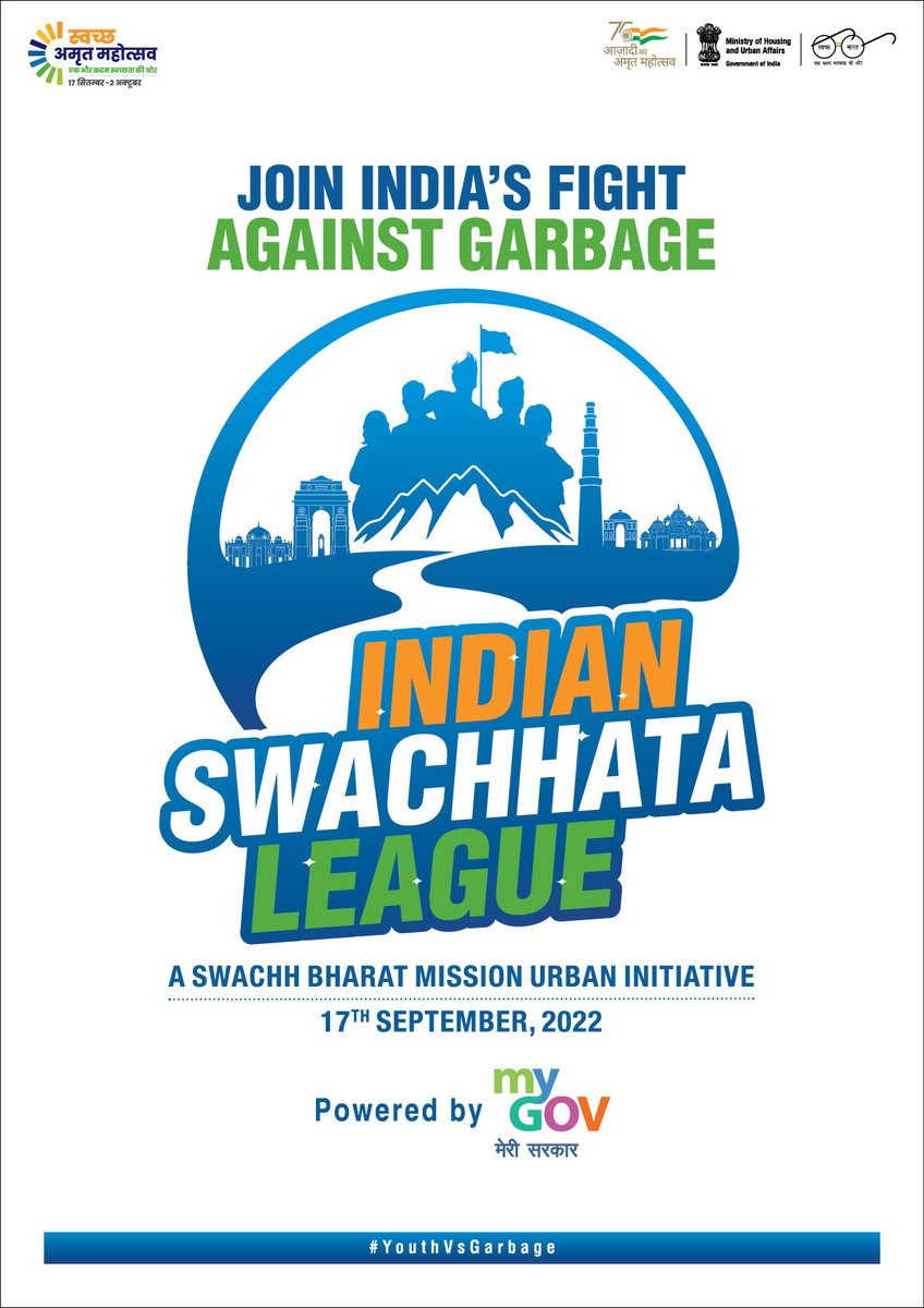 #YouthVsGarbage #AmritMahotsav @SwachhBharatGov has organized '#IndianSwachhataLeague' under #SwachhAmritMahotsav All citizens from Maharashtra come forward for participating in 'Rally for Youth' in your city on 17th Sep 2022. Registration Link innovateindia.mygov.in/swachhyouthral…