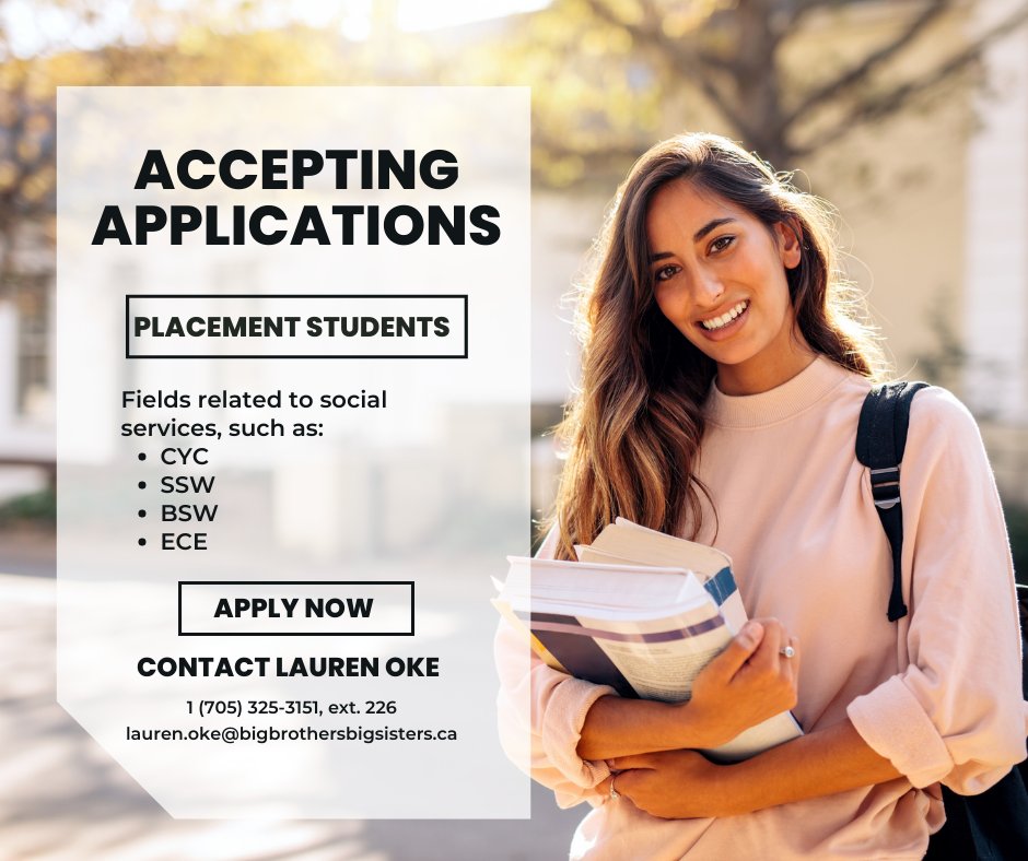BBBSOD is accepting applications for placement students.

Please note that transportation to our office, located at 17 Colborne Street East in Orillia, is required.

Please apply with a cover letter and a copy of your resume to Lauren Oke via email.

#BiggerTogether #bbbsorillia