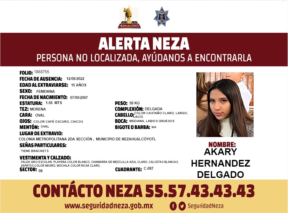 AlertaNeza's tweet photo. #AlertaNeza🆘 | Solicitamos de tu apoyo para localizar a  #Akary Hernandez Delgado.

Cualquier información relacionada con su paradero, por favor comunícate al 55-5743-4343.

¡Comparte, tu ayuda es muy importante! https://t.co/SWBX0oShHw
