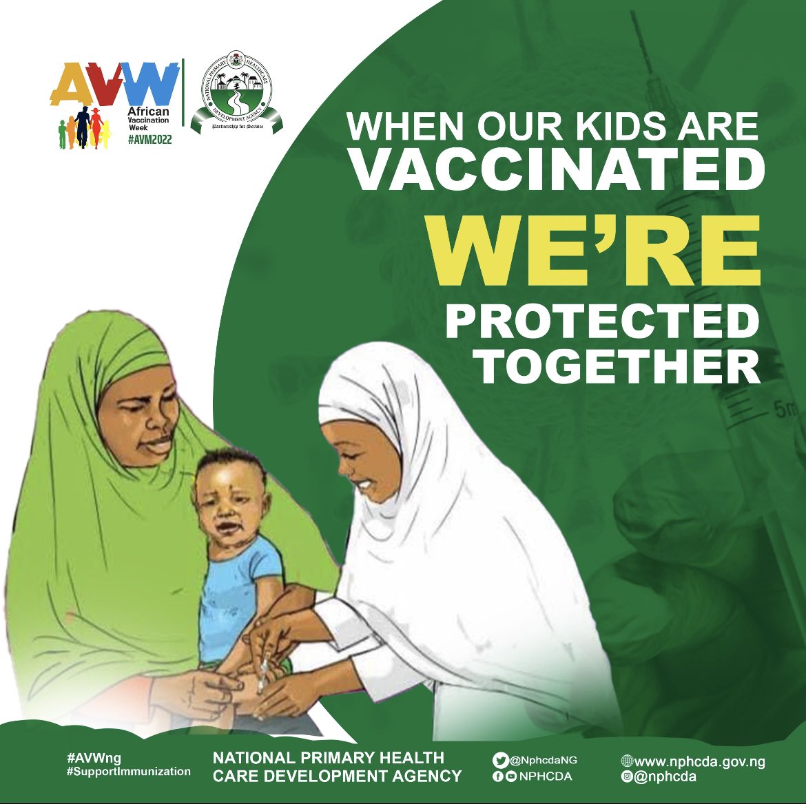 NphcdaNG's tweet photo. Millions of children miss out on basic childhood vaccines every year. Getting your child vaccinated is the best way to give every child a healthy start to life and protect against preventable diseases from birth into old age.

#SupportImmunization https://t.co/kkHP2eY6M5
