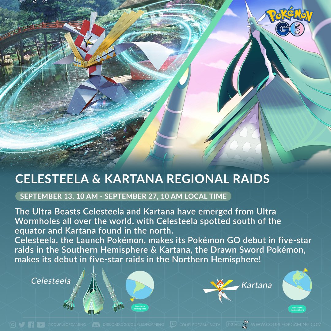 Miko🐽 on X: 🇺🇸🇪🇸🇫🇷 Current Raid Bosses #Celesteela & #Kartana  ⚠️Remember! Celesteela: 🗓️ Southern Hemisphere: From September 1 to 8 🗓️  Northern Hemisphere: From September 8 to 16 Kartana: 🗓️ Northern  Hemisphere