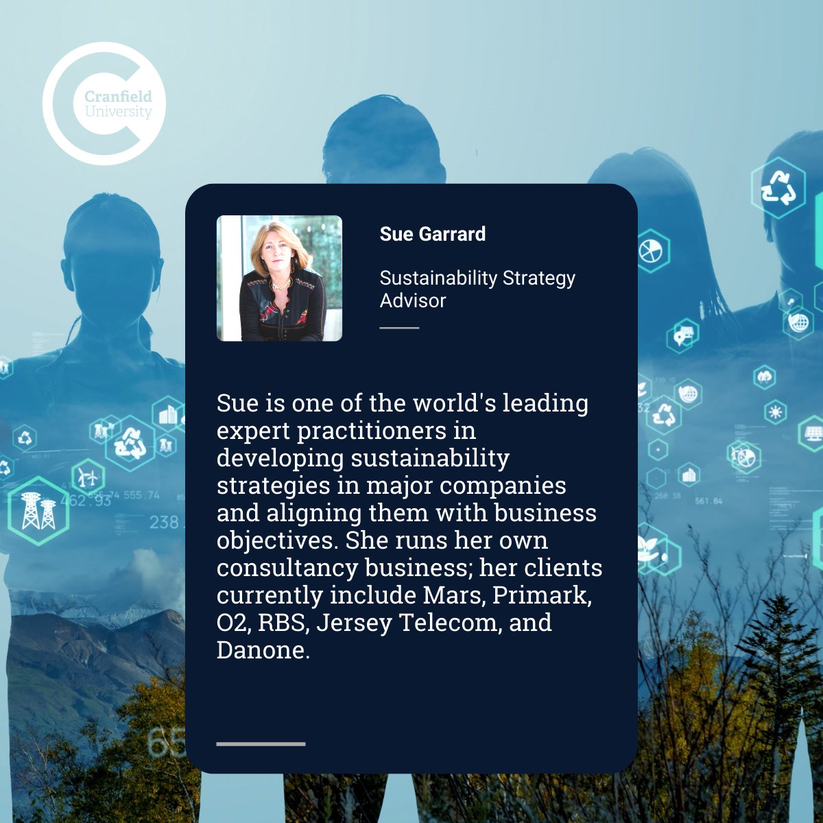 In a week's time we will be welcoming our Visiting Fellow <a href="/Sue_Garrard/">Sue Garrard</a> back for a timely and inspirational talk on taking action! 
📅20th September 2022
⏲ 18:00 - 19:30 BST
📌Cranfield campus or online (via Zoom)
🎟Register for your free ticket here: hubs.la/Q01m8mGh0