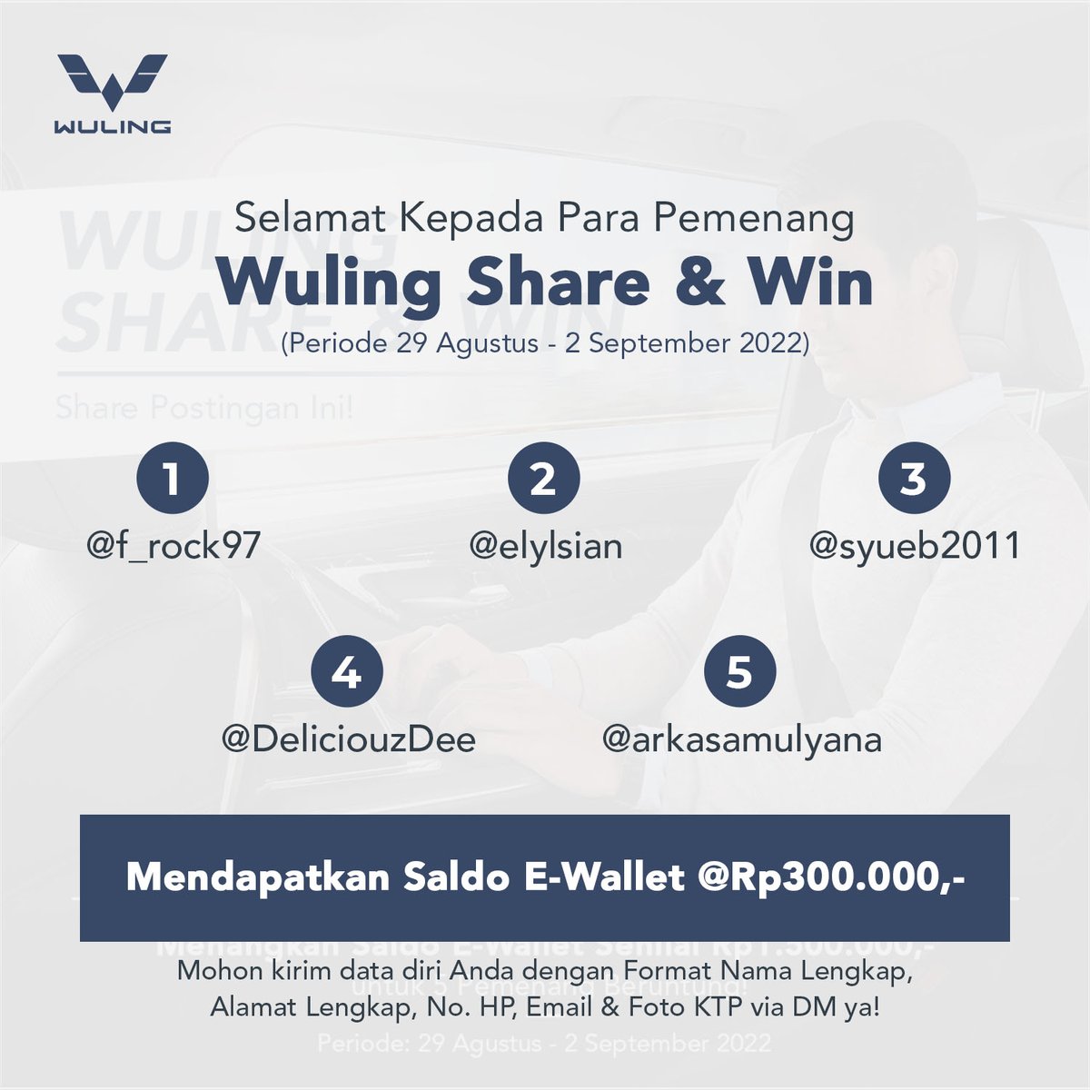 WulingMotorsID's tweet photo. Selamat Kepada Para Pemenang #WulingShareAndWin
(29 Ags - 2 Sep 2022)
@f_rock97
@syueb2011
@elylsian
@DeliciouzDee
@arkasamulyana
Mohon kirim data diri Anda dg Format Nama Lengkap, Alamat Lengkap, No. HP, Email & Foto KTP via DM ya!
#WulingMotors #DriveForABetterLife https://t.co/hlaZ8bZgFT